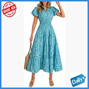 Maxi Dress with Pockets V-Neck Puff Sleeve Smocked Waist Boho Beach
